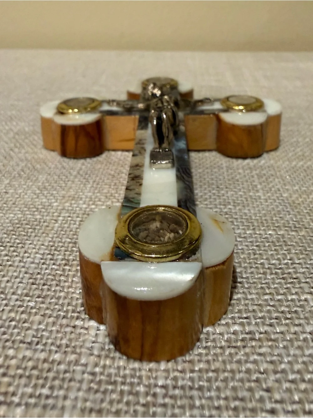Vintage Jerusalem Olive Wood Mother of Pearl Abalone Crucifix Relic Wall Cross